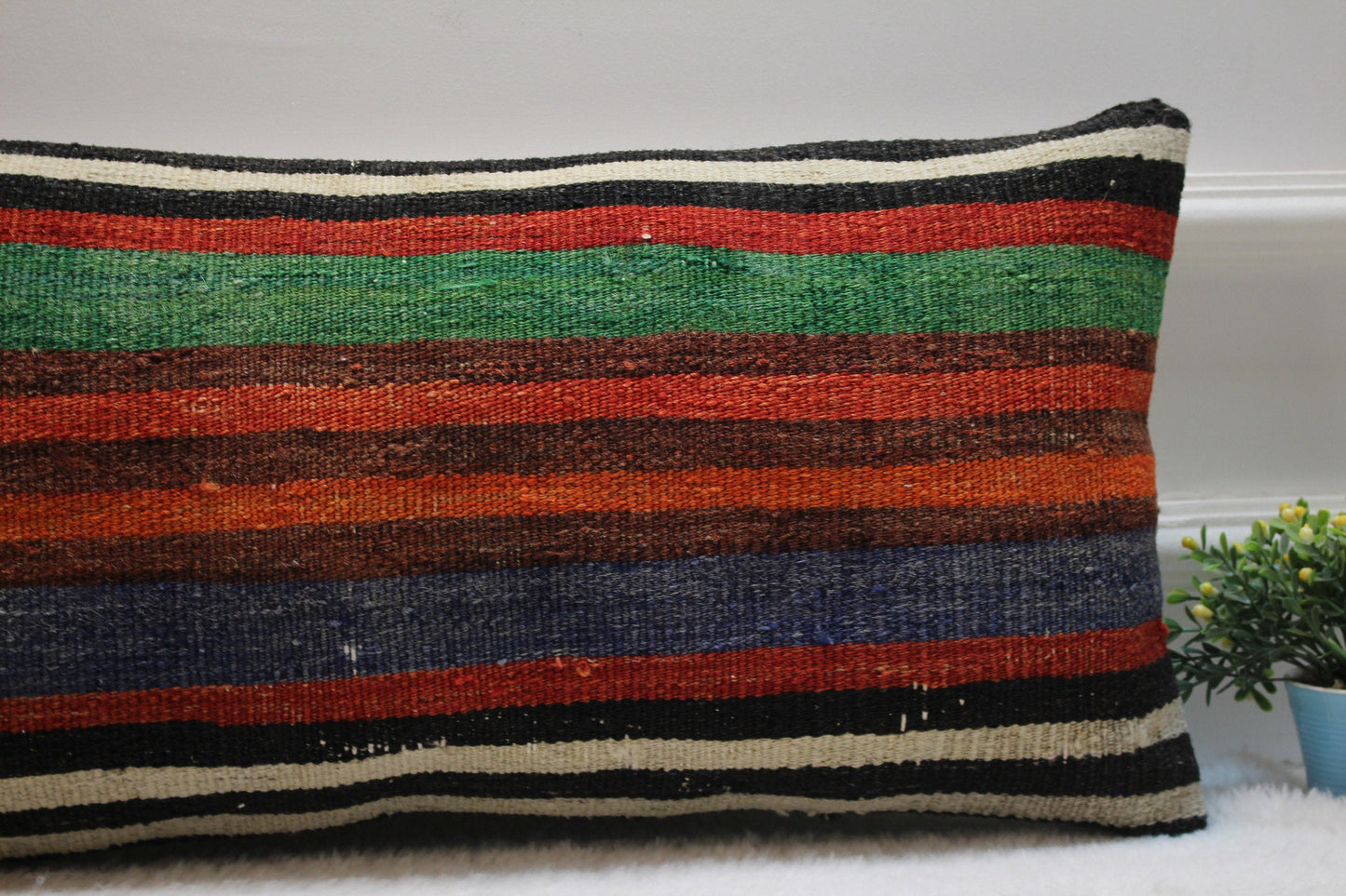 Handmade Striped Kilim Pillow Cover: Vintage Turkish Wool (16x16 inc)