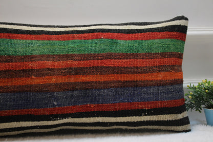Handmade Striped Kilim Pillow Cover: Vintage Turkish Wool (16x16 inc)