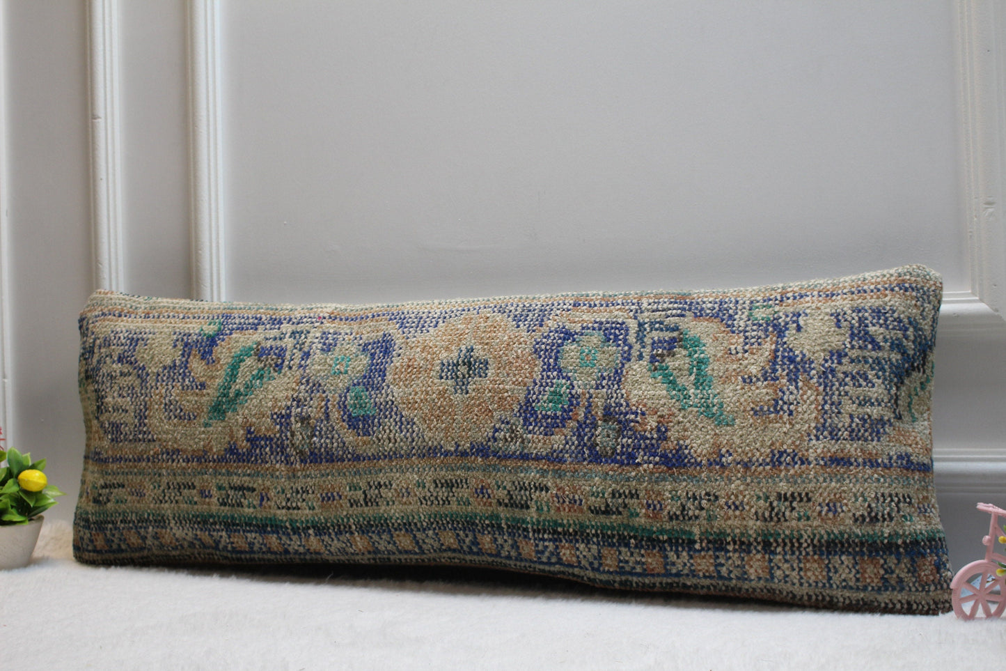 Handmade Kilim Lumbar Pillow Cover: Upcycled Woven Rug, 12x36 in
