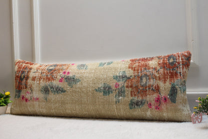 Handmade Kilim Lumbar Pillow Cover: Upcycled Woven Wool Rug, 12x36