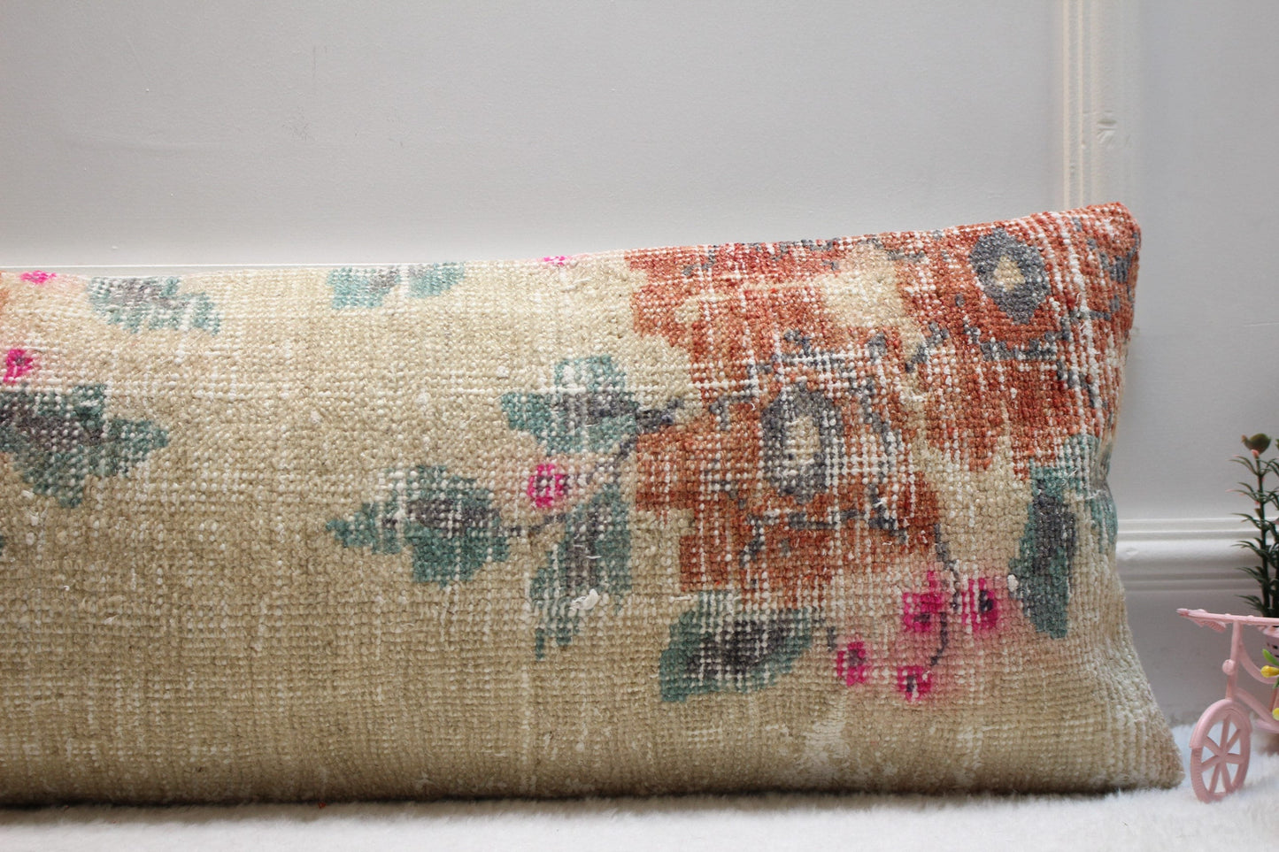 Handmade Kilim Lumbar Pillow Cover: Upcycled Woven Wool Rug, 12x36