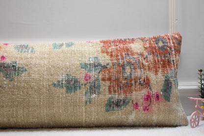 Handmade Kilim Lumbar Pillow Cover: Upcycled Woven Wool Rug, 12x36