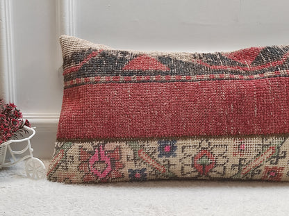 Handmade Kilim Pillow Cover: Red & Black Woven Rug, 12x24 inch