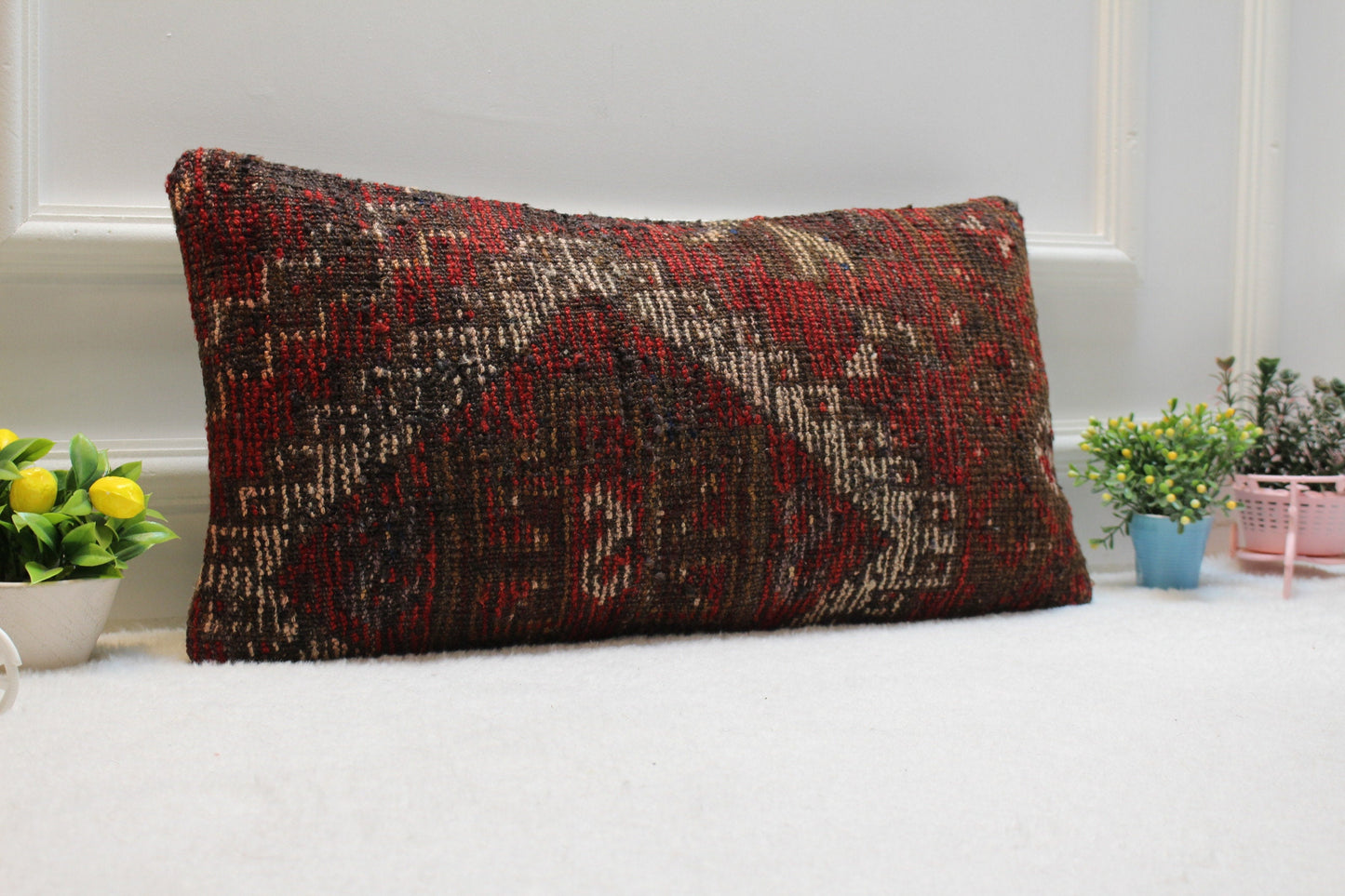 Handmade Wool Kilim Pillow Cover: Striped Bohemian Decor (12x24 inc)