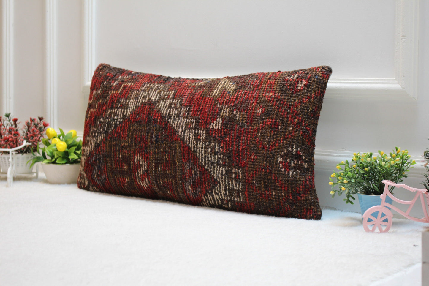 Handmade Wool Kilim Pillow Cover: Striped Bohemian Decor (12x24 inc)