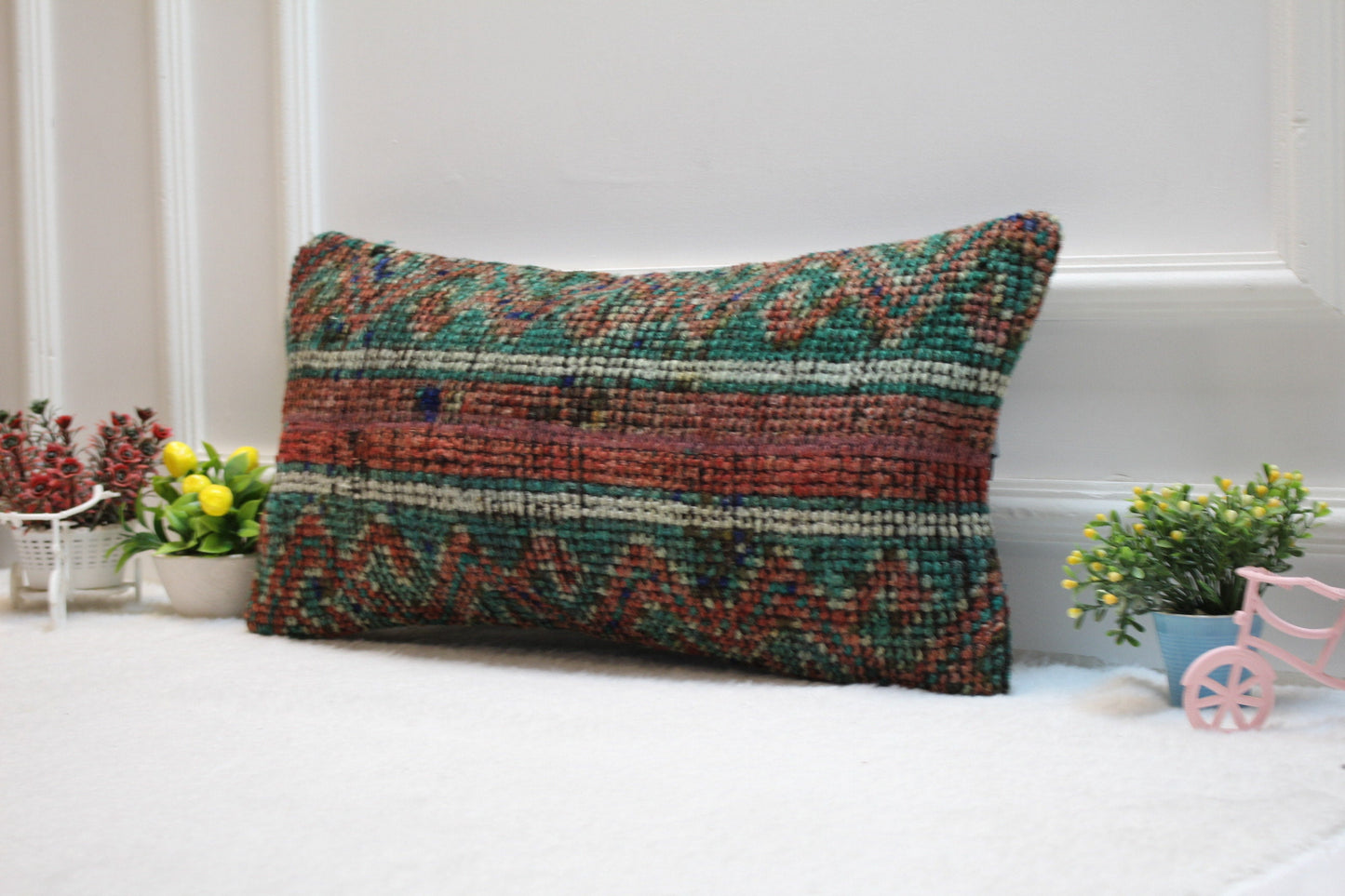 Handmade Kilim Pillow Cover: Ethnic Boho Rug Pillow, 12x24 inch