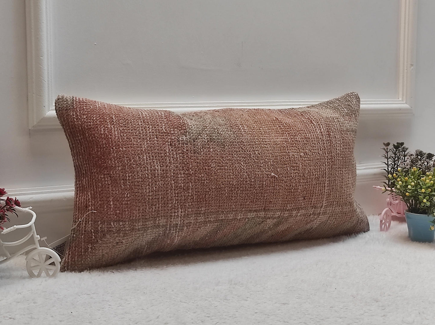 Handmade Red Wool Lumbar Pillow Cover: Upcycled Rug, 12x24 inch