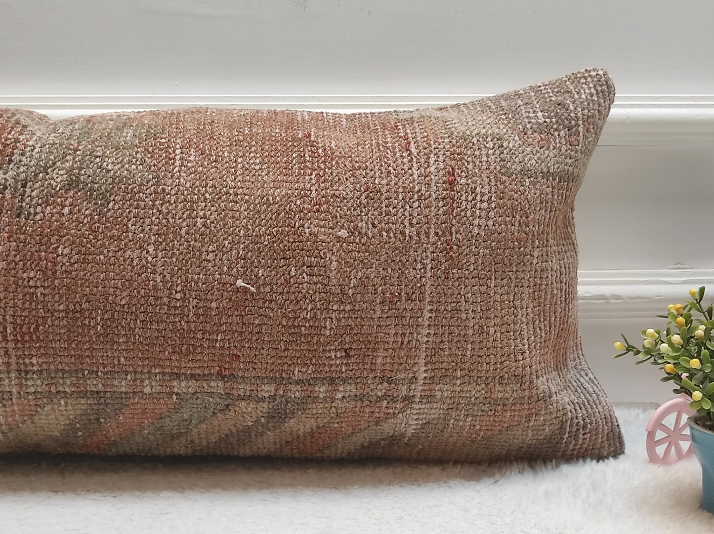 Handmade Red Wool Lumbar Pillow Cover: Upcycled Rug, 12x24 inch
