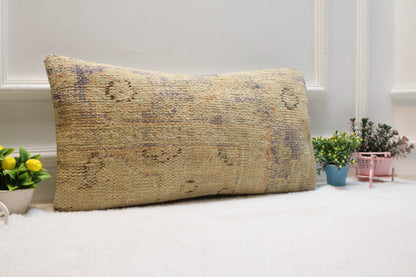 Handmade Kilim Lumbar Pillow Cover: Upcycled Woven Rug, Boho Decor (12x24)