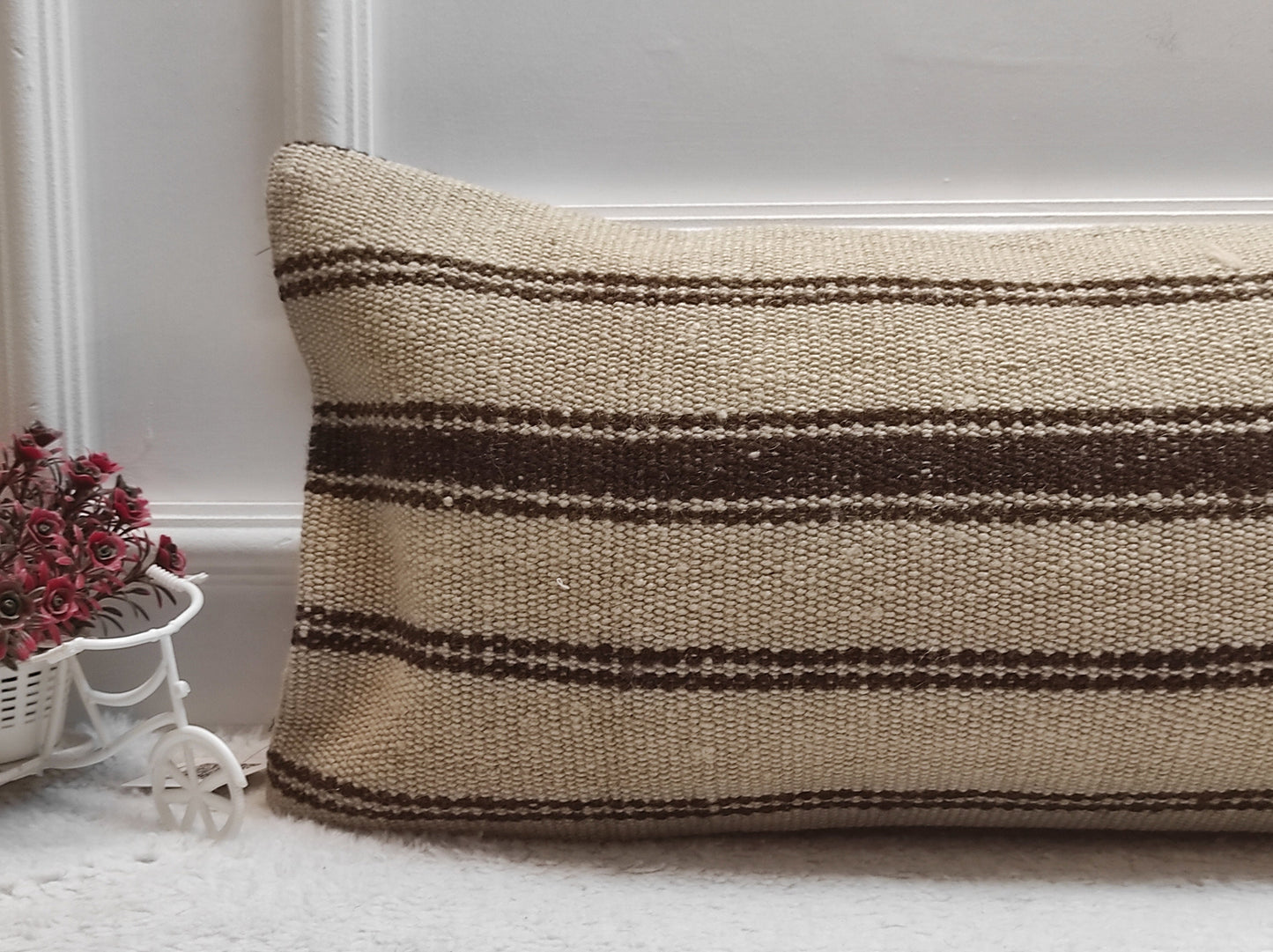 Handmade Kilim Lumbar Pillow Cover: Beige Brown Rug Pillow 12x24