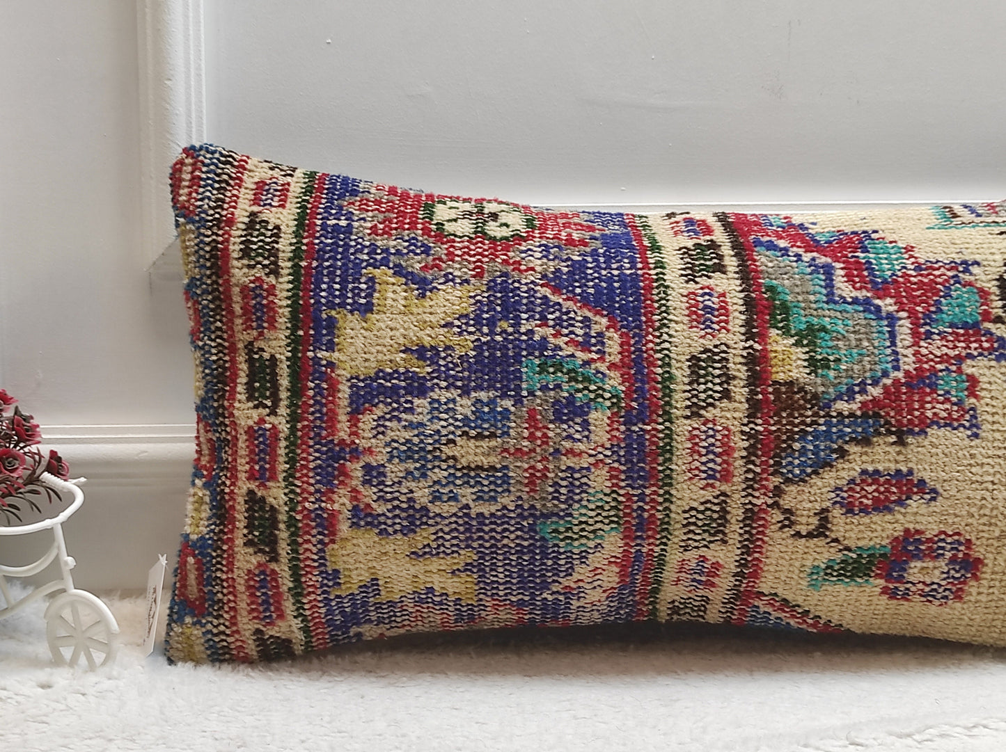 Handmade Kilim Pillow Cover: Upcycled Organic Wool Rug Pillow (12x24 inc)
