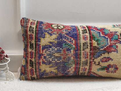 Handmade Kilim Pillow Cover: Upcycled Organic Wool Rug Pillow (12x24 inc)