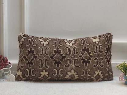 Handmade Kilim Lumbar Pillow: Upcycled Woven Rug, Beige Tribal Pillow 12x24