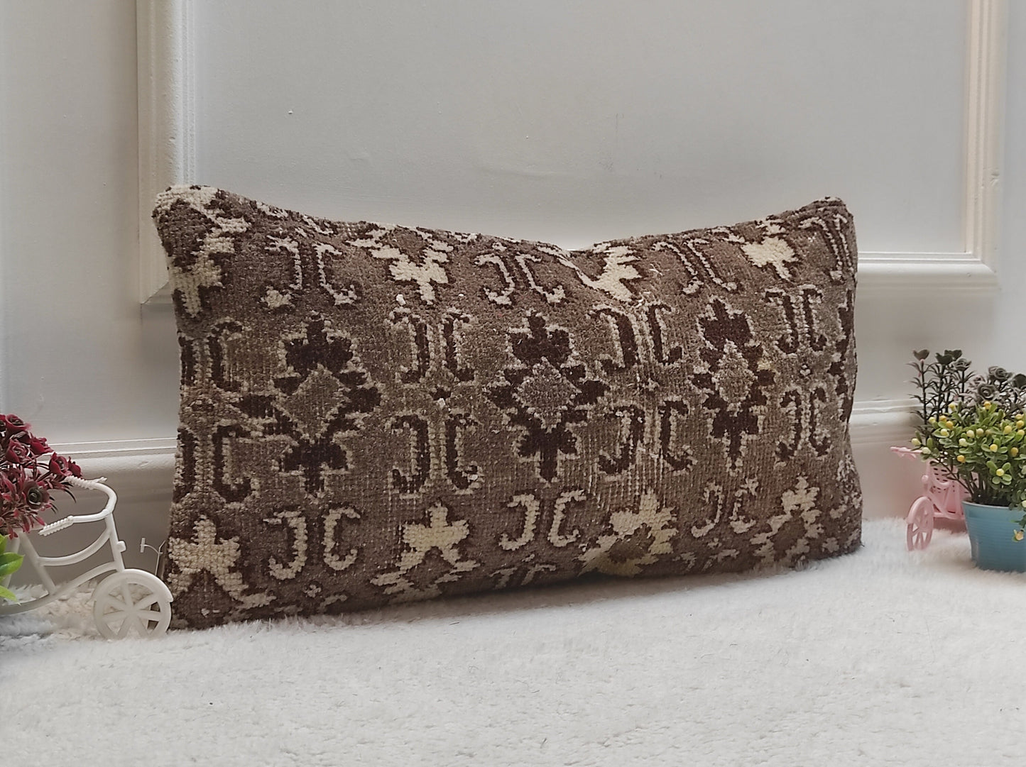 Handmade Kilim Lumbar Pillow: Upcycled Woven Rug, Beige Tribal Pillow 12x24