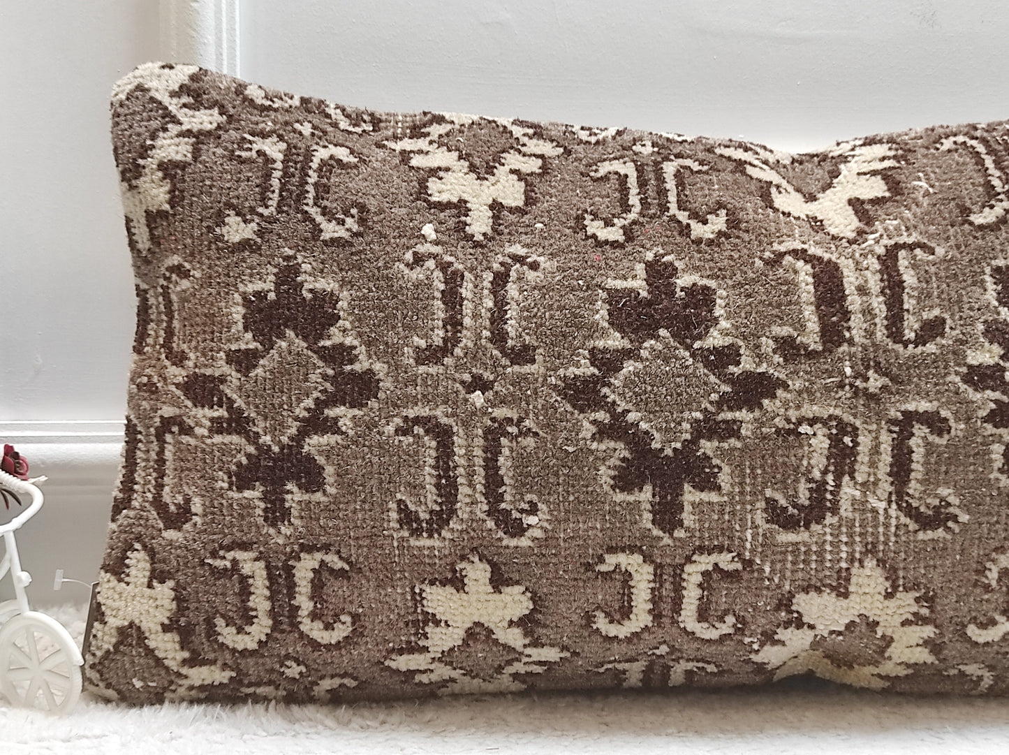 Handmade Kilim Lumbar Pillow: Upcycled Woven Rug, Beige Tribal Pillow 12x24