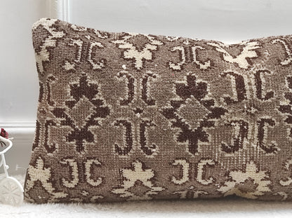 Handmade Kilim Lumbar Pillow: Upcycled Woven Rug, Beige Tribal Pillow 12x24