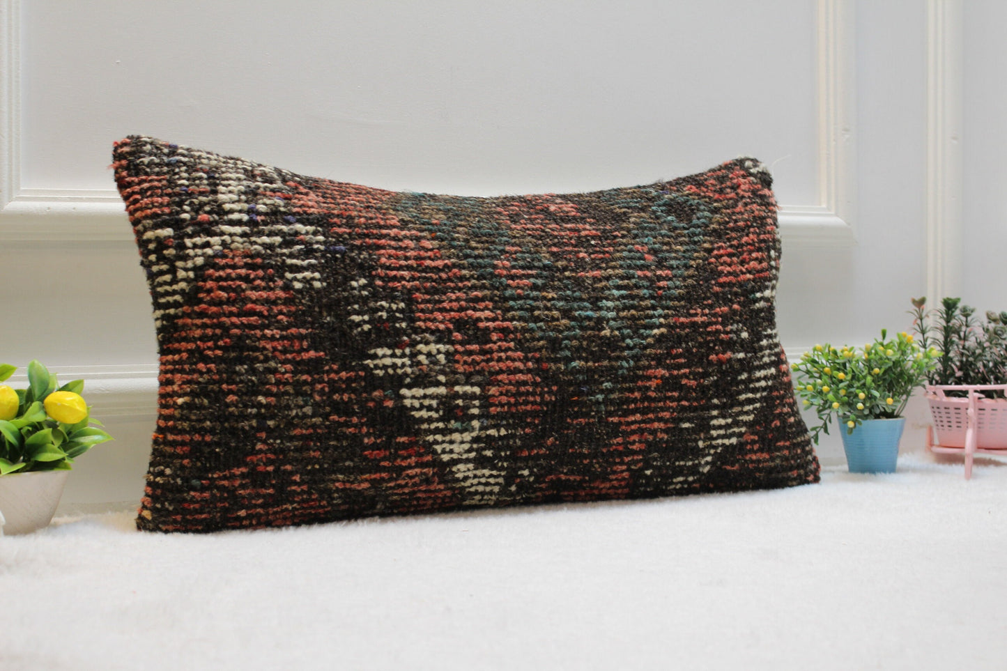 Handmade Turkish Kilim Pillow: Vintage Boho Lumbar Cover (12x24 in)