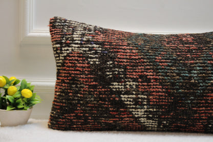 Handmade Turkish Kilim Pillow: Vintage Boho Lumbar Cover (12x24 in)