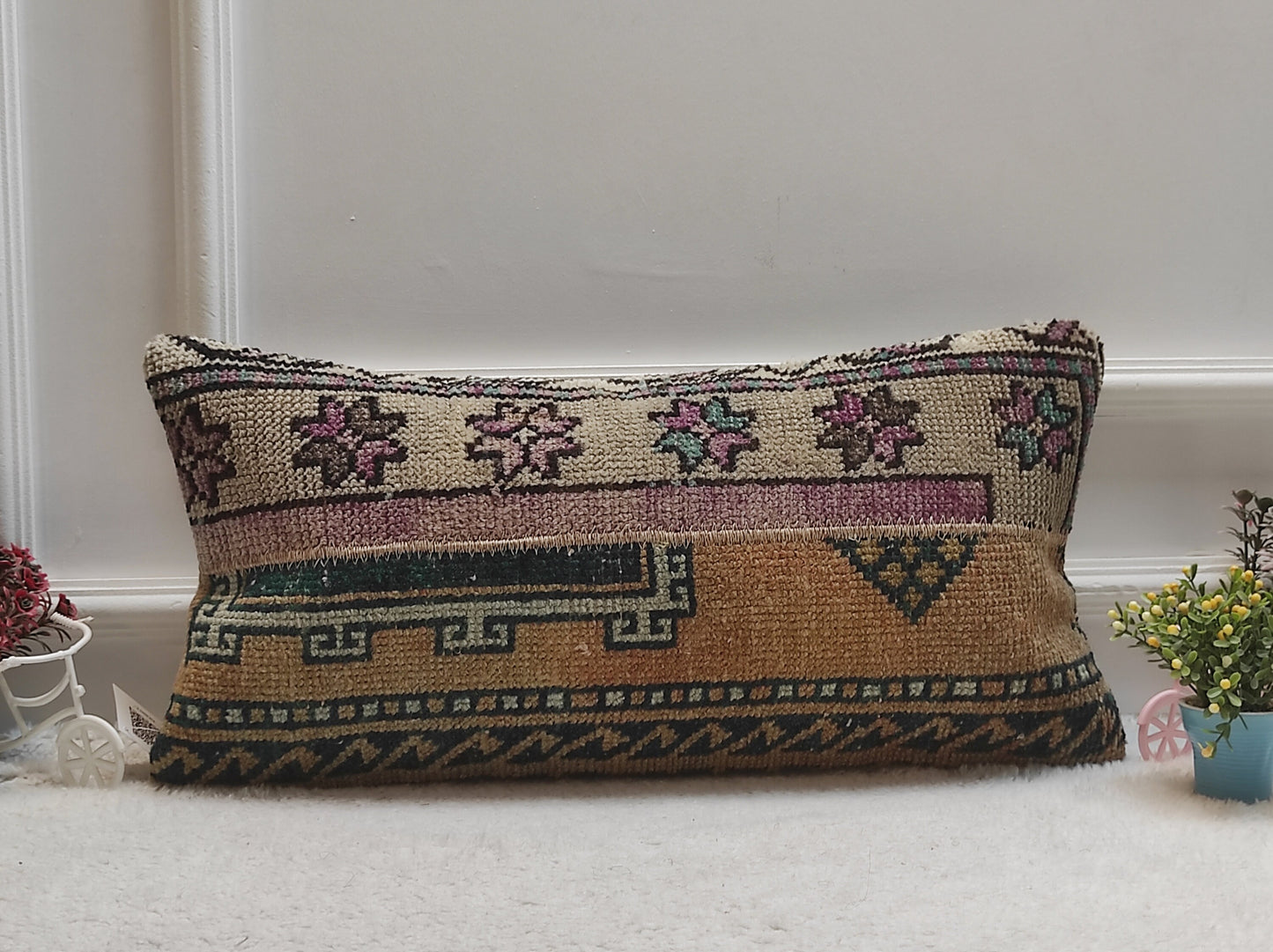 Vintage Turkish Rug Lumbar Pillow Cover: 12x24 inc Wool Cushion