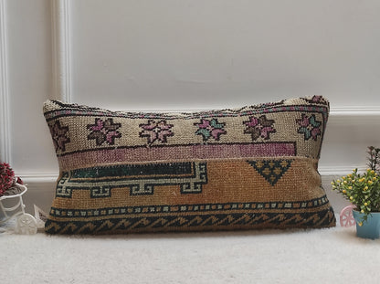 Vintage Turkish Rug Lumbar Pillow Cover: 12x24 inc Wool Cushion