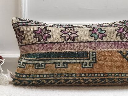 Vintage Turkish Rug Lumbar Pillow Cover: 12x24 inc Wool Cushion