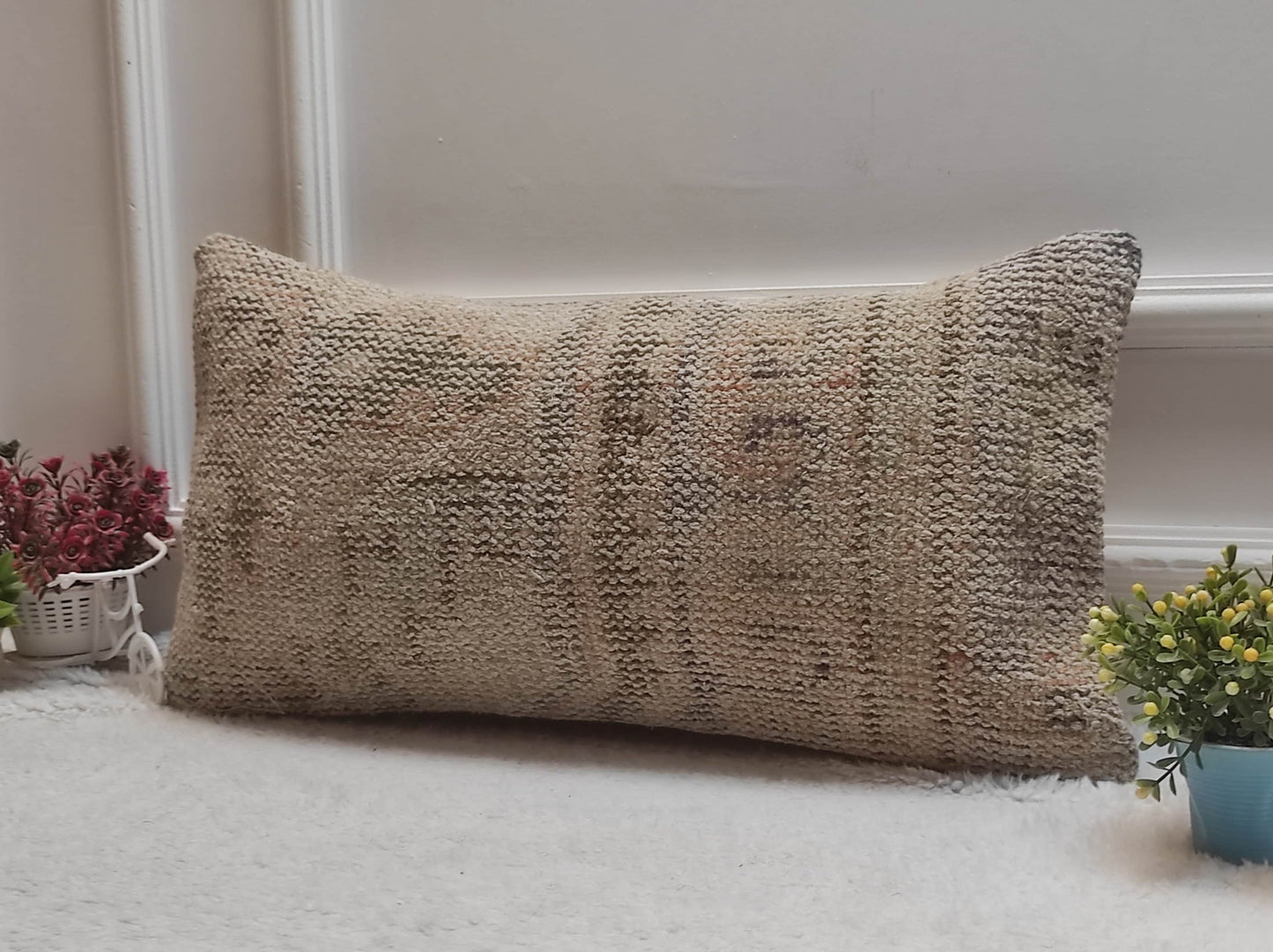 Handmade Beige Kilim Lumbar Pillow Cover: Turkish Boho Decor (12x24 inc)