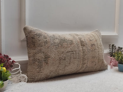 Handmade Beige Kilim Lumbar Pillow Cover: Turkish Boho Decor (12x24 inc)