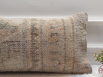 Handmade Beige Kilim Lumbar Pillow Cover: Turkish Boho Decor (12x24 inc)