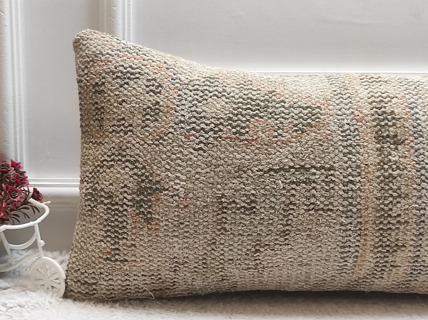 Handmade Beige Kilim Lumbar Pillow Cover: Turkish Boho Decor (12x24 inc)