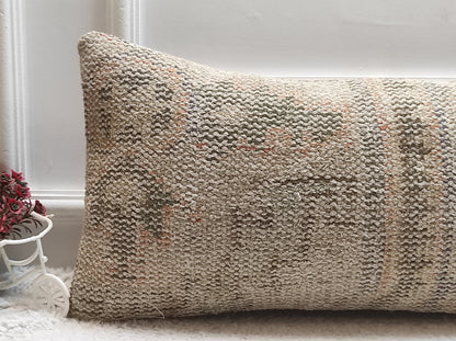 Handmade Beige Kilim Lumbar Pillow Cover: Turkish Boho Decor (12x24 inc)