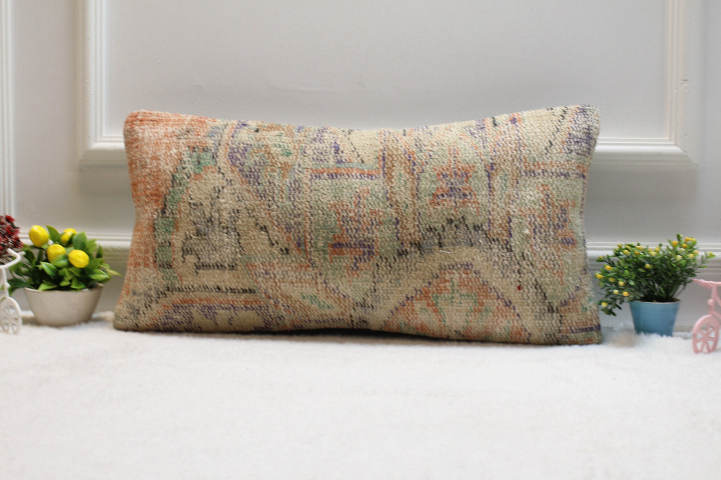 Vintage Turkish Kilim Pillow Cover: 12x24 Organic Wool Lumbar Pillow