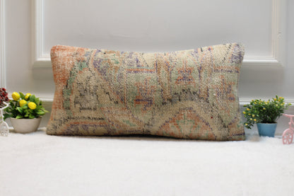 Vintage Turkish Kilim Pillow Cover: 12x24 Organic Wool Lumbar Pillow