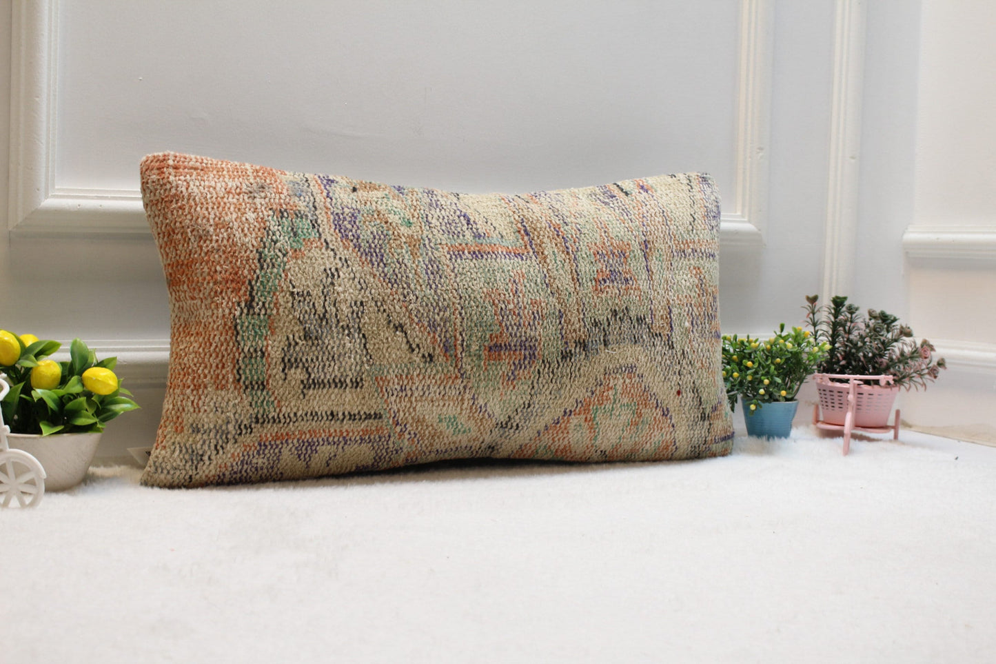 Vintage Turkish Kilim Pillow Cover: 12x24 Organic Wool Lumbar Pillow