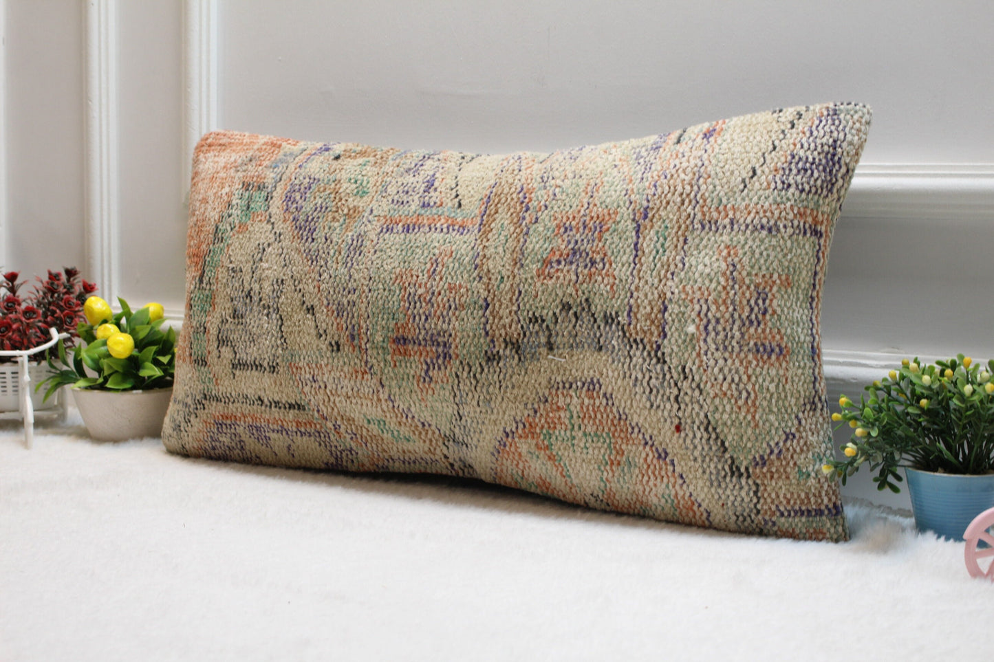 Vintage Turkish Kilim Pillow Cover: 12x24 Organic Wool Lumbar Pillow