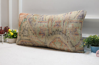 Vintage Turkish Kilim Pillow Cover: 12x24 Organic Wool Lumbar Pillow