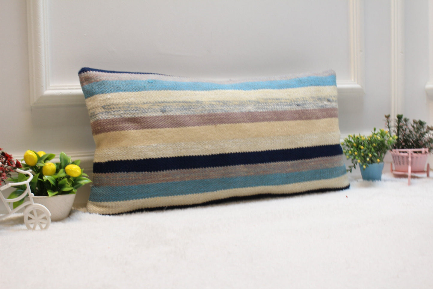 Handmade Turkish Lumbar Pillow Cover: Upcycled Kilim Rug, 12x24 inch