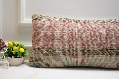 Handmade Kilim Lumbar Pillow: Red Beige Woven Rug, 12x24 inc