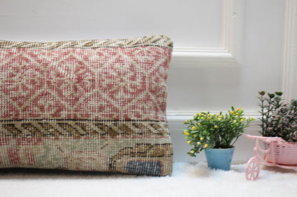 Handmade Kilim Lumbar Pillow: Red Beige Woven Rug, 12x24 inc