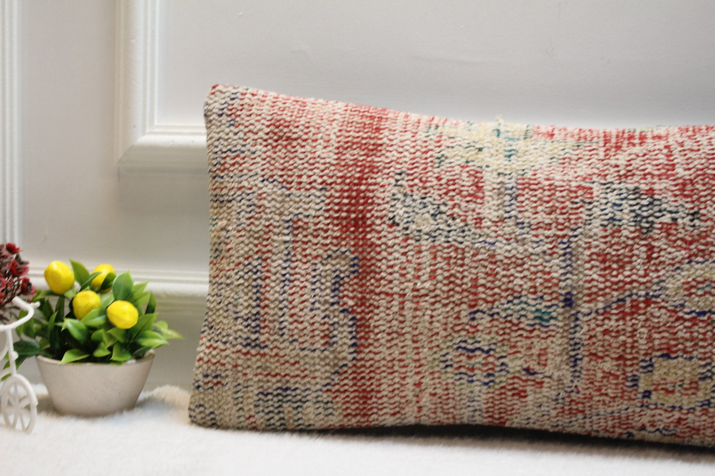 Handmade Kilim Pillow Cover: Red Beige Organic Wool, Boho Decor (12x24 inc)