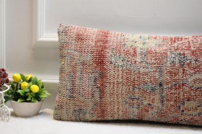 Handmade Kilim Pillow Cover: Red Beige Organic Wool, Boho Decor (12x24 inc)