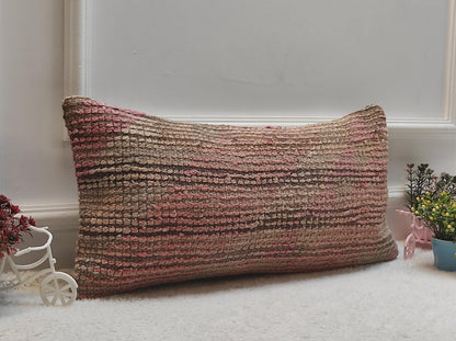 Handmade Kilim Lumbar Pillow Cover: Upcycled Woven Rug, Pink Beige, 12x24 inc