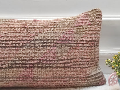 Handmade Kilim Lumbar Pillow Cover: Upcycled Woven Rug, Pink Beige, 12x24 inc