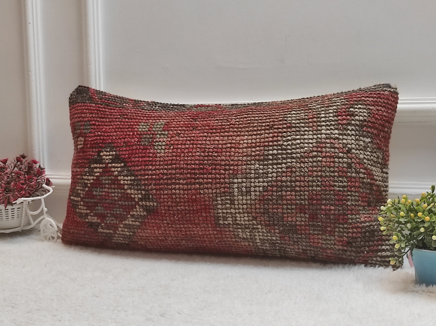 Handmade Red Kilim Lumbar Pillow Cover: Upcycled Woven Rug (12x24 in)