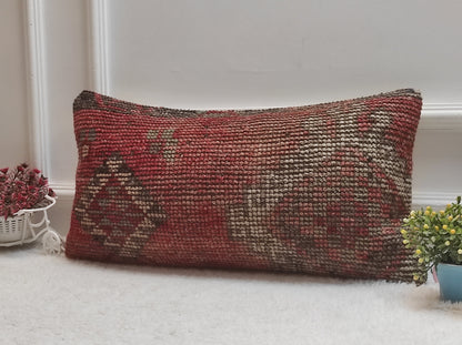 Handmade Red Kilim Lumbar Pillow Cover: Upcycled Woven Rug (12x24 in)