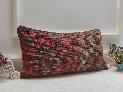Handmade Red Kilim Lumbar Pillow Cover: Upcycled Woven Rug (12x24 in)