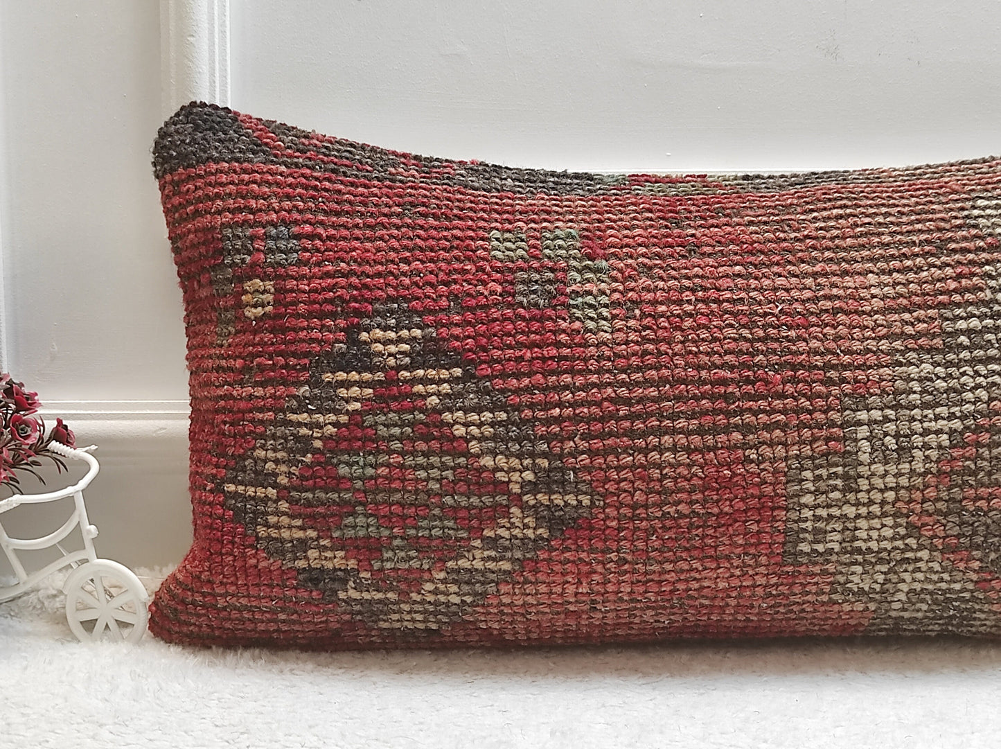 Handmade Red Kilim Lumbar Pillow Cover: Upcycled Woven Rug (12x24 in)