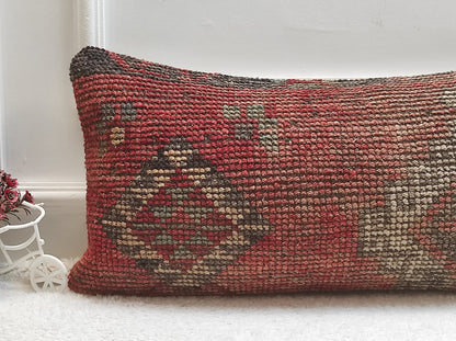 Handmade Red Kilim Lumbar Pillow Cover: Upcycled Woven Rug (12x24 in)