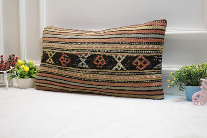 Striped Kilim Pillow Cover: Handwoven Turkish Wool, 12x24 inc