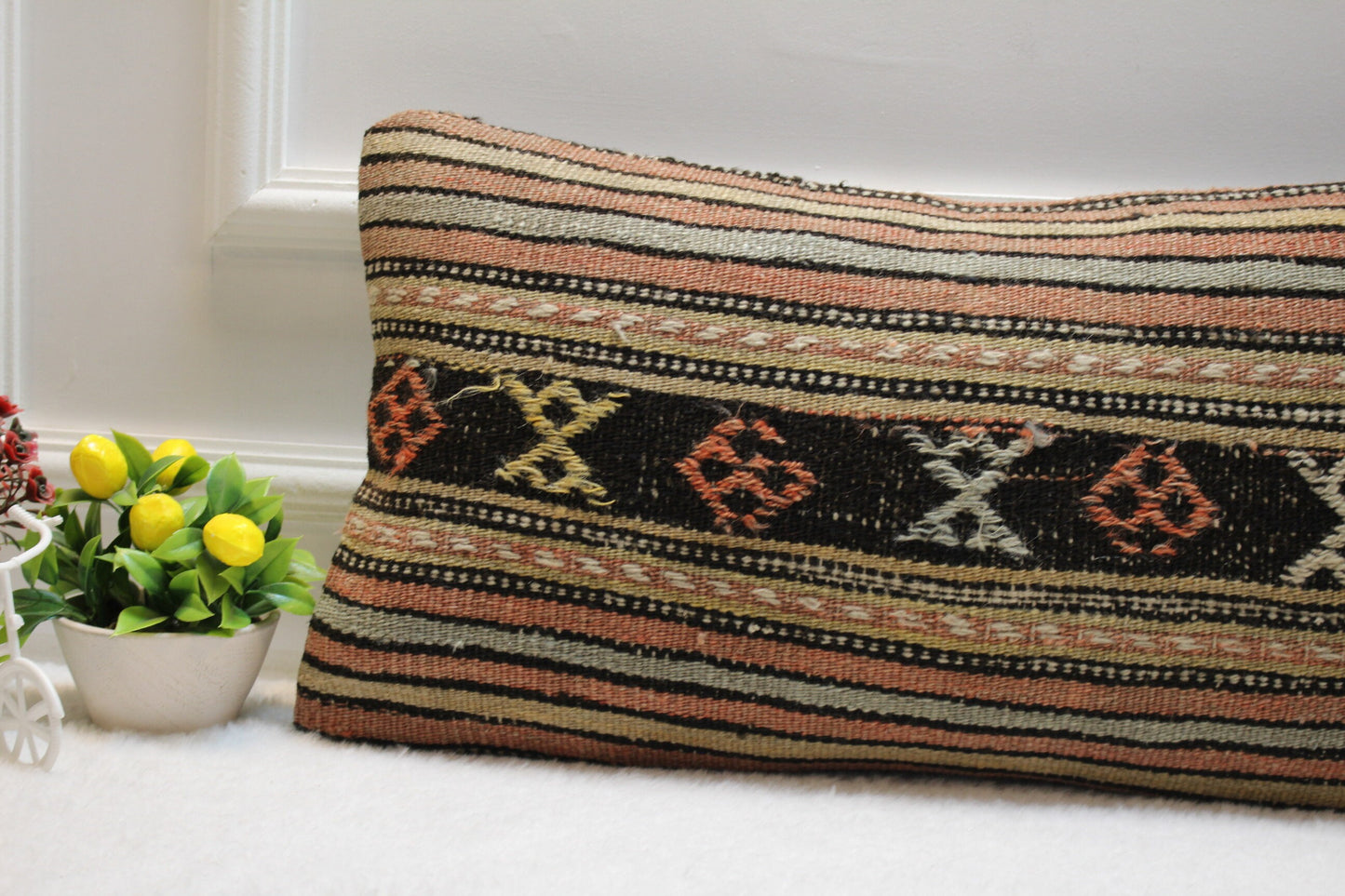 Striped Kilim Pillow Cover: Handwoven Turkish Wool, 12x24 inc