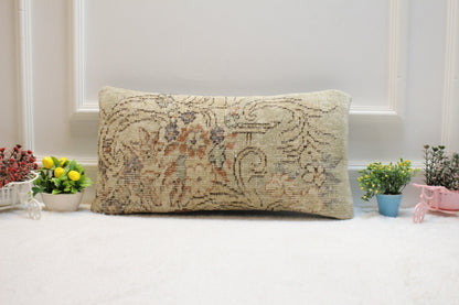 Handmade Beige Kilim Pillow Cover: Vintage Turkish Lumbar Pillow, 12x24 inc